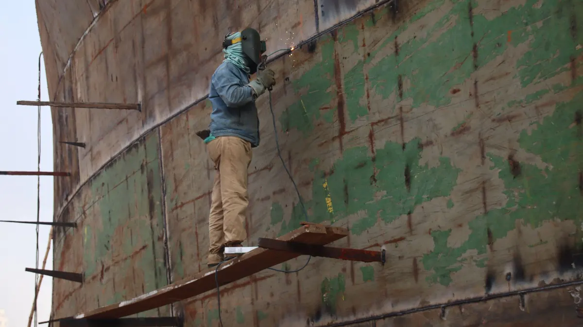 A worker welding the hull of a large ship outdoors